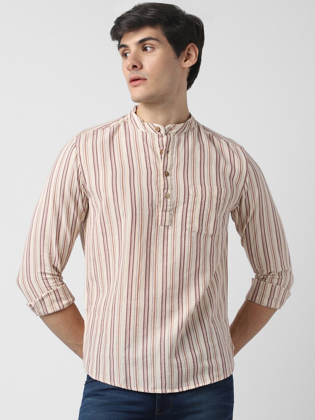 

VASTRADO Striped Band Collar Cotton Short Kurta, Beige