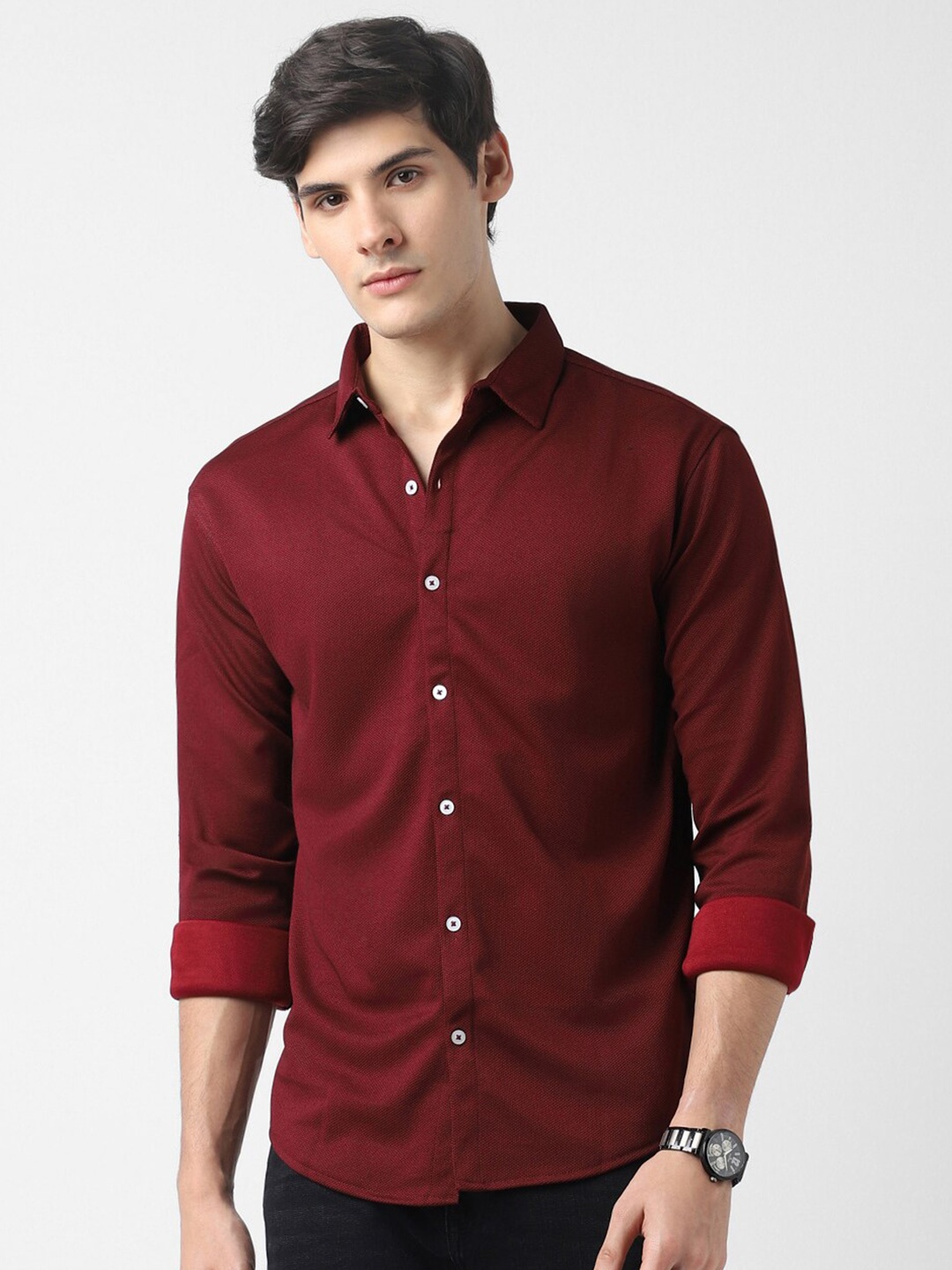 

VASTRADO Men Textured Knitted Shirt, Maroon