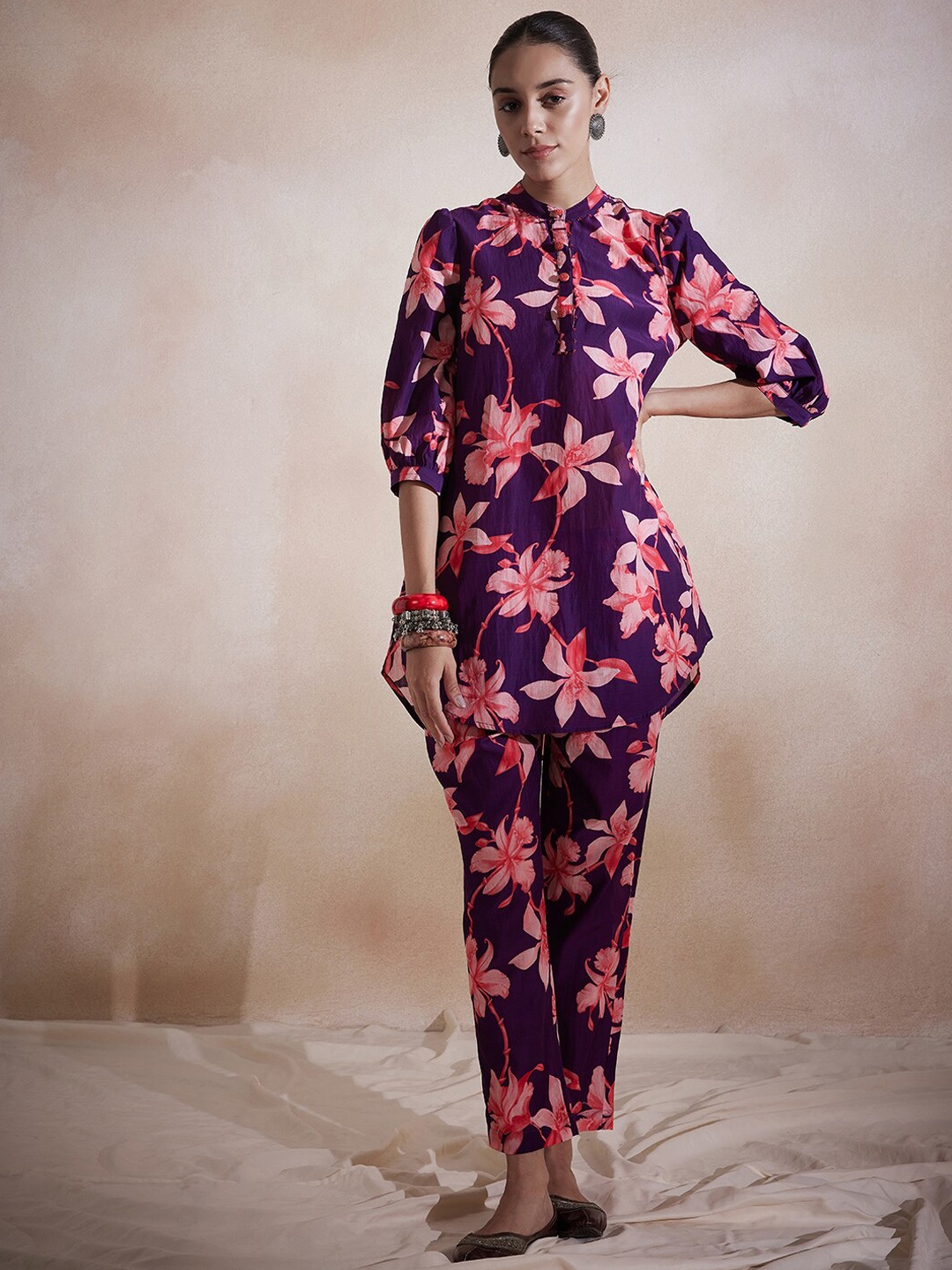 

Femella Floral Printed Band Collar Pure Cotton Kurti With Trousers, Purple