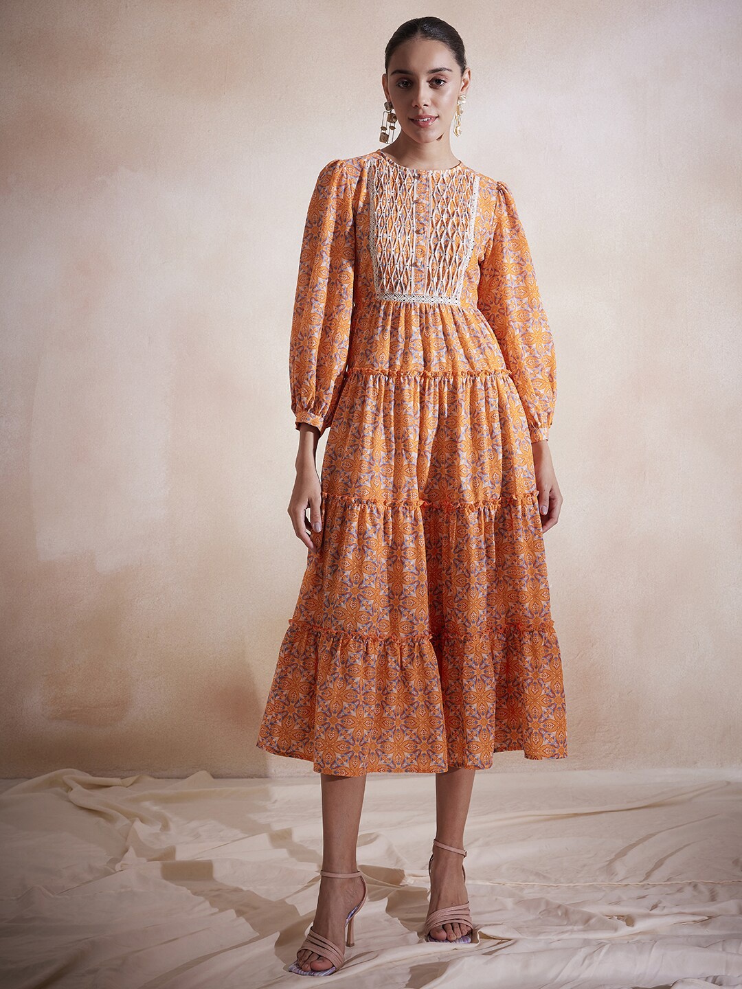 

FEMMELLA Orange Floral Print Puff Sleeve Fit & Flare Midi Dress
