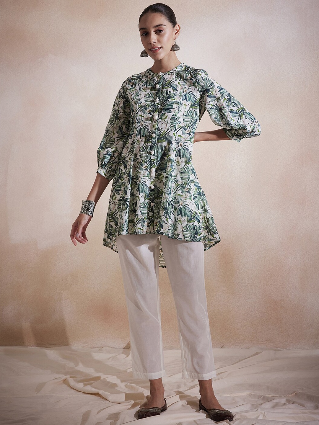 

Femella Printed Band Collar Pure Cotton Tunic With Trousers, Green
