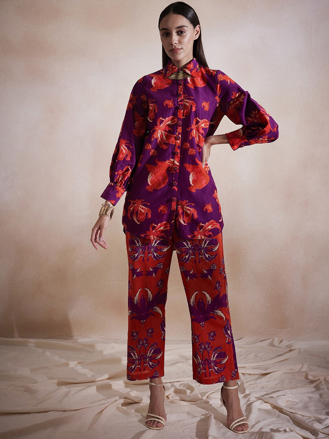 

Femella Floral Printed Spread Collar Pure Cotton Shirt & Trouser, Purple