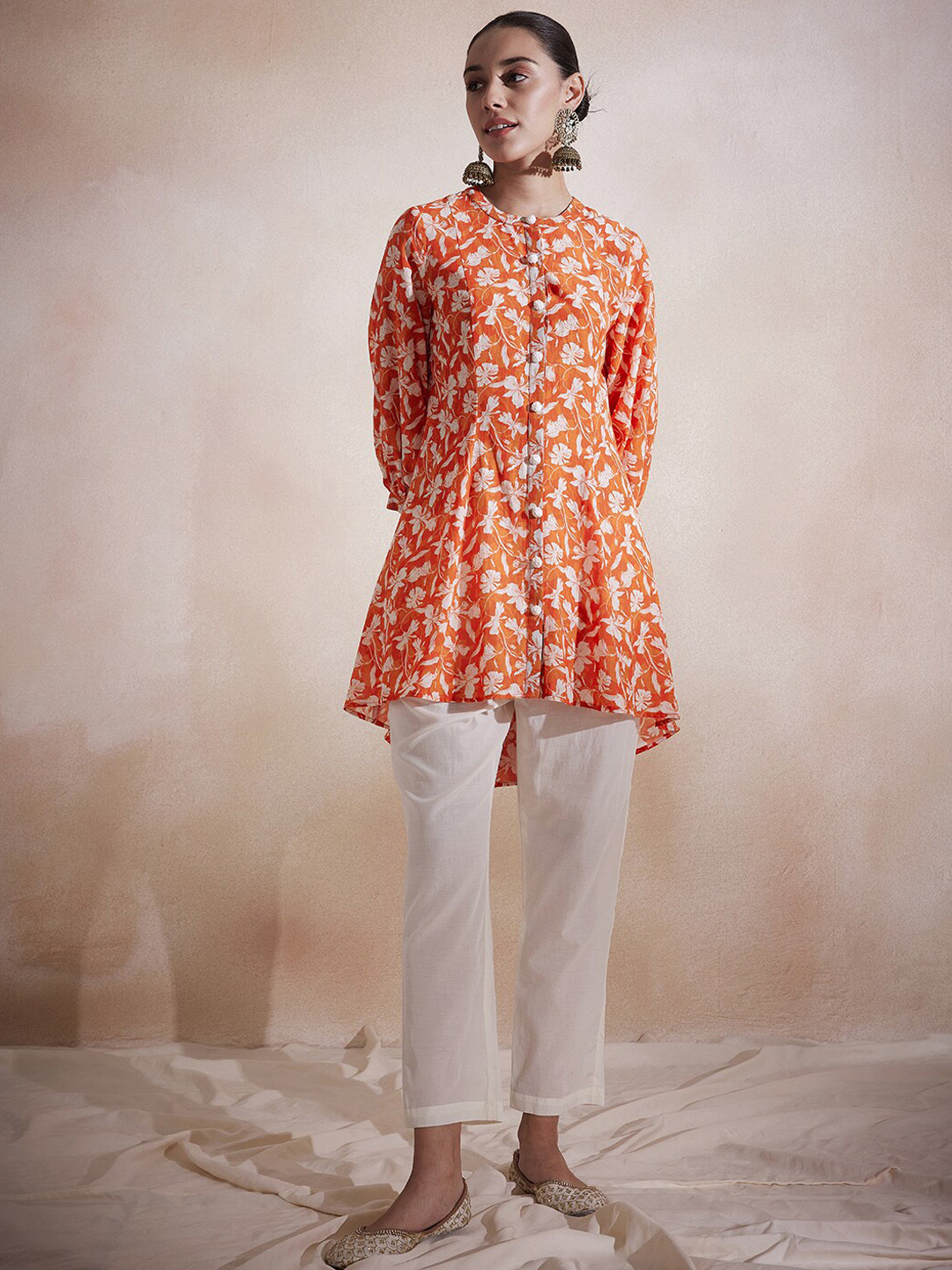 

FEMMELLA Printed Band Collar Pure Cotton Tunic With Trouser, Orange
