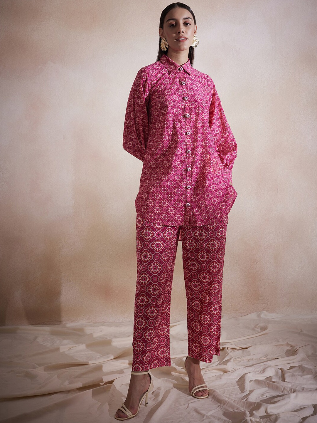 

Femella Printed Shirt Collar Pure Cotton Tunic With Trouser, Pink