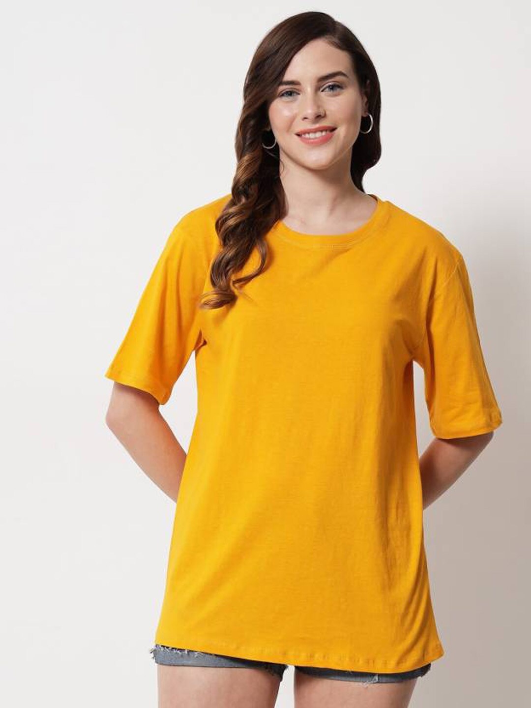 

Rodzen Round Neck Short Sleeve Cotton Oversized Longline T-shirt, Mustard