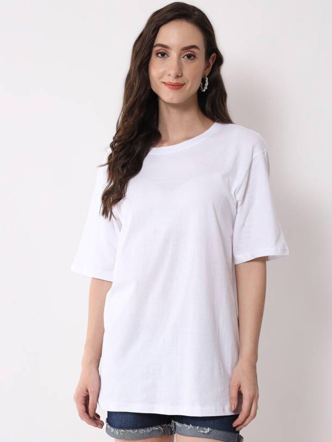 

Rodzen Round Neck Short Sleeve Cotton Oversized Longline T-shirt, White