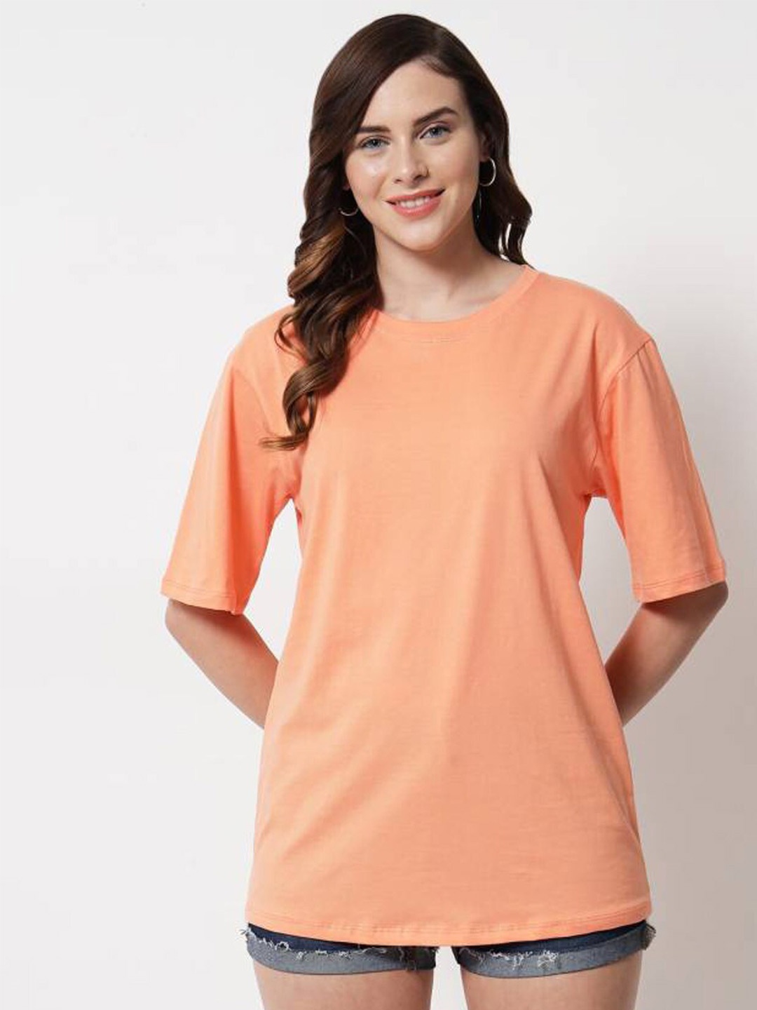 

Rodzen Round Neck Short Sleeve Cotton Oversized Longline T-shirt, Peach