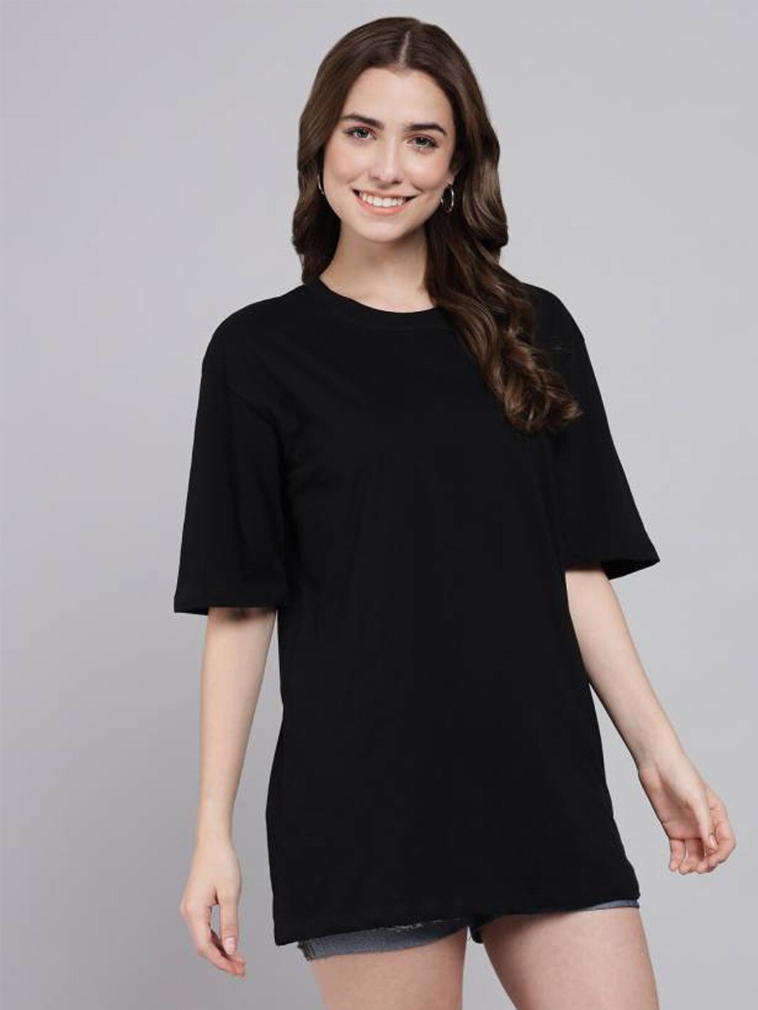 

Rodzen Round Neck Short Sleeve Cotton Oversized Longline T-shirt, Black