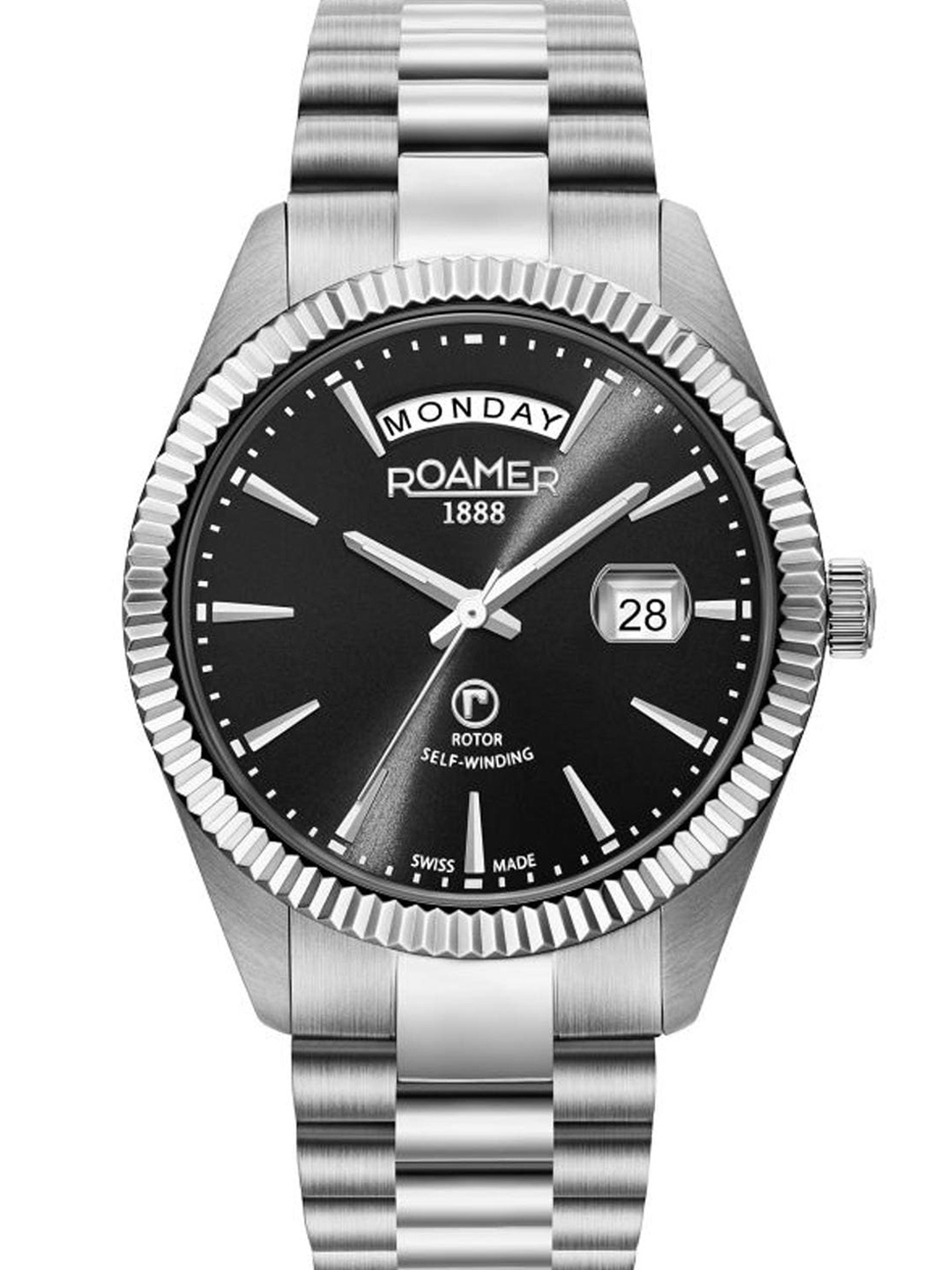 

ROAMER Men Black Dial & Silver Toned Stainless Steel Bracelet Style Straps Analogue Motion Powered Watch