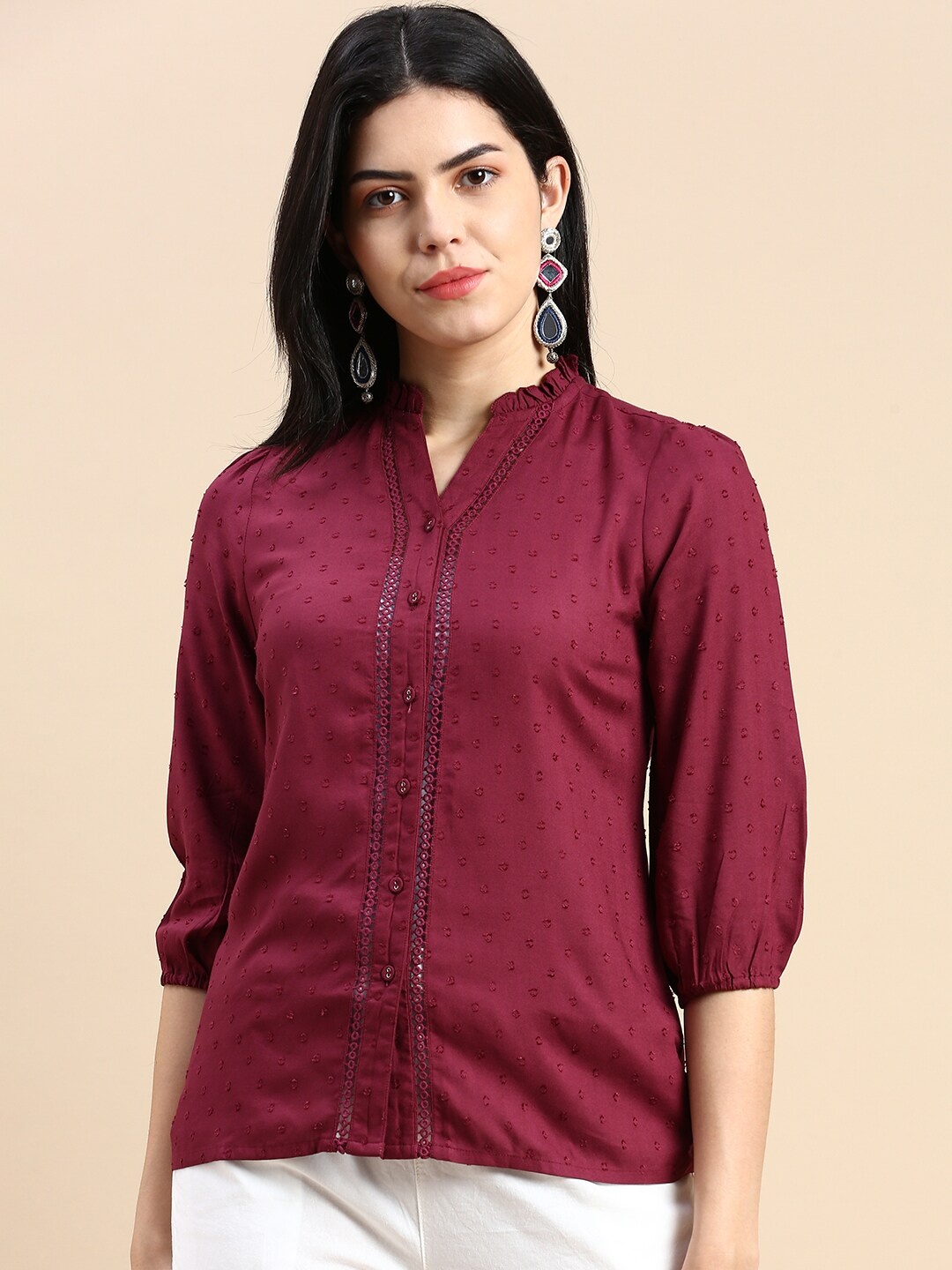 

De Moza Women Burgundy Relaxed Opaque Printed Casual Shirt