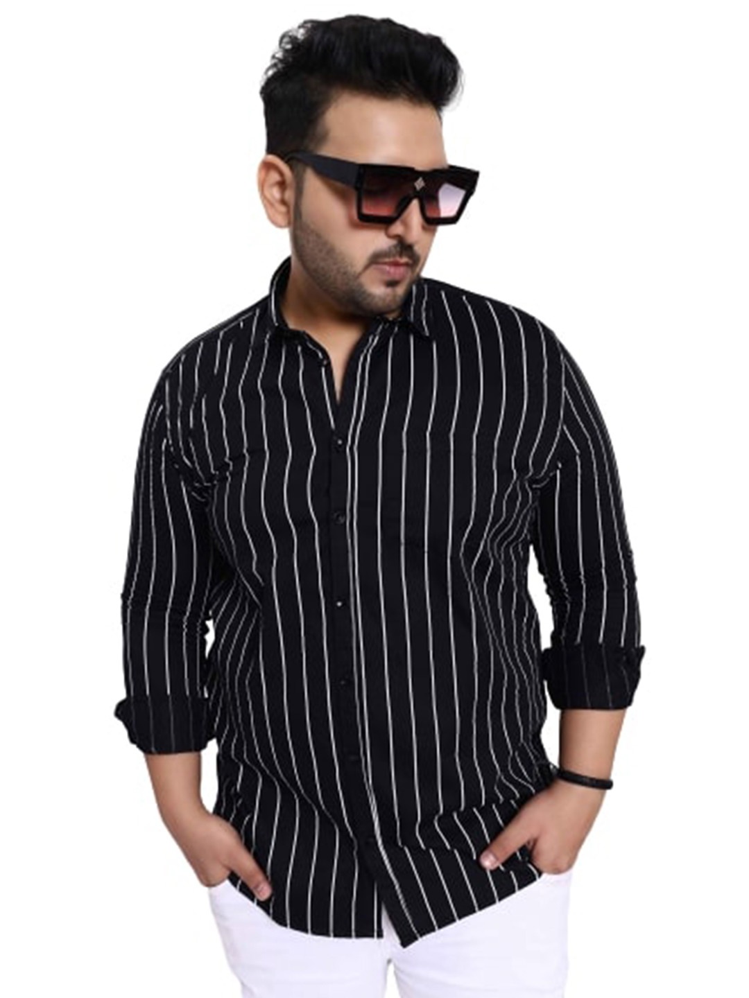 

Toodle Plus Plus Size Comfort Opaque Striped Pure Cotton Casual Shirt, Black