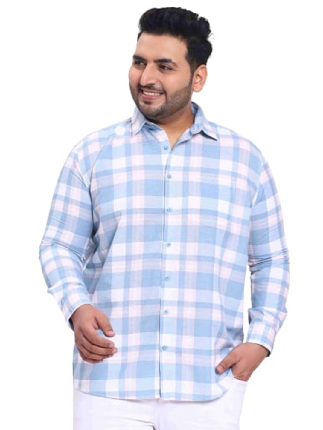 

Toodle Plus Comfort Gingham Checked Opaque Cotton Linen Casual Shirt, Blue