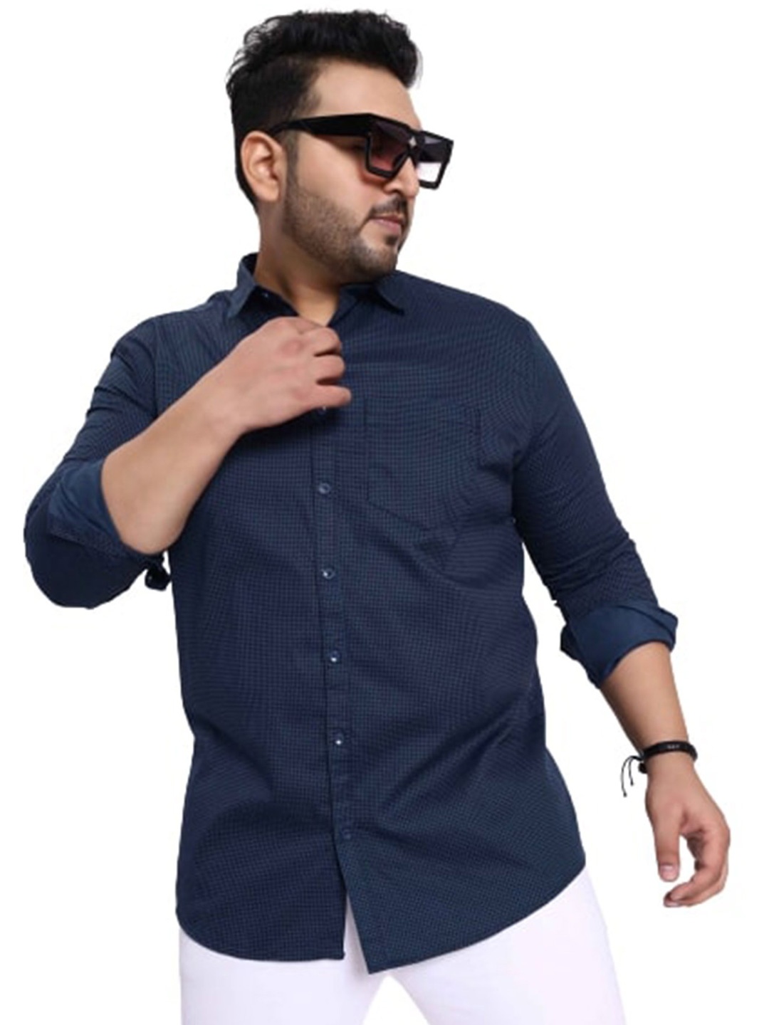 

Toodle Plus Comfort Micro Checks Pure Cotton Casual Shirt, Navy blue