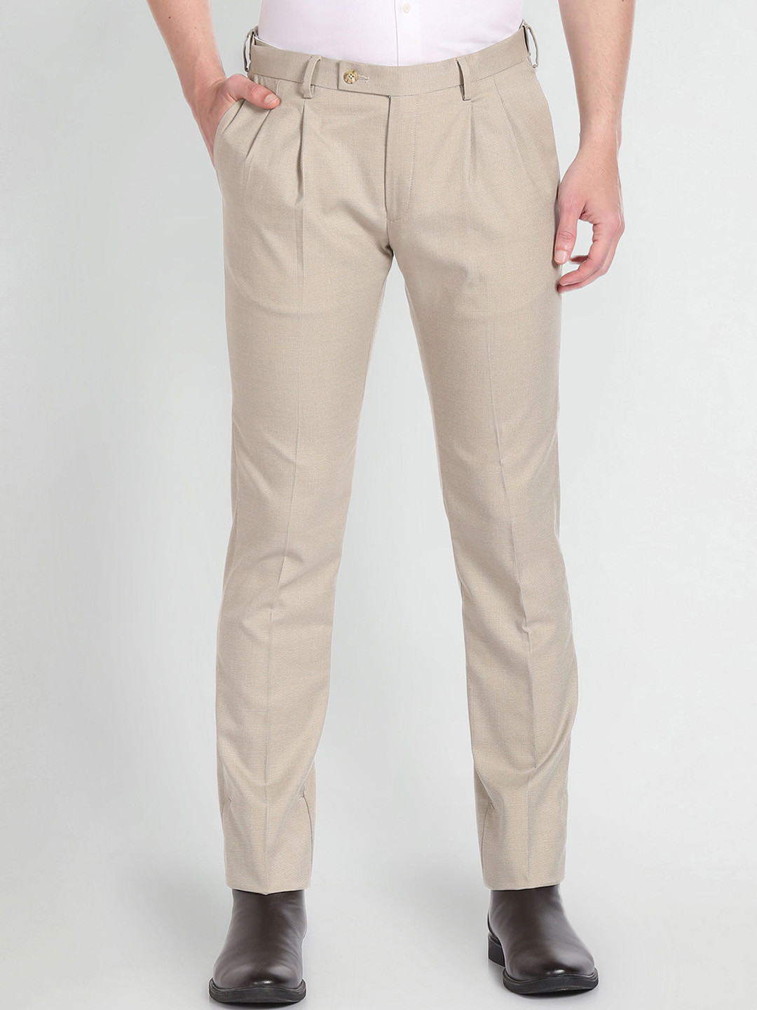 

Arrow Regular Fit Pleated Dobby Formal Trousers, Beige