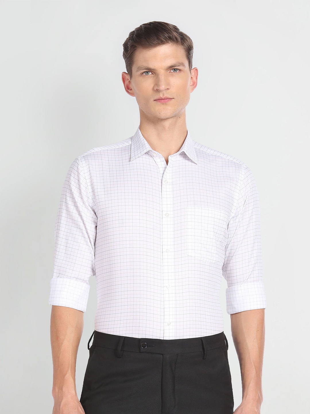 

Arrow Grid Tattersall Checked Pure Cotton Formal Shirt, White