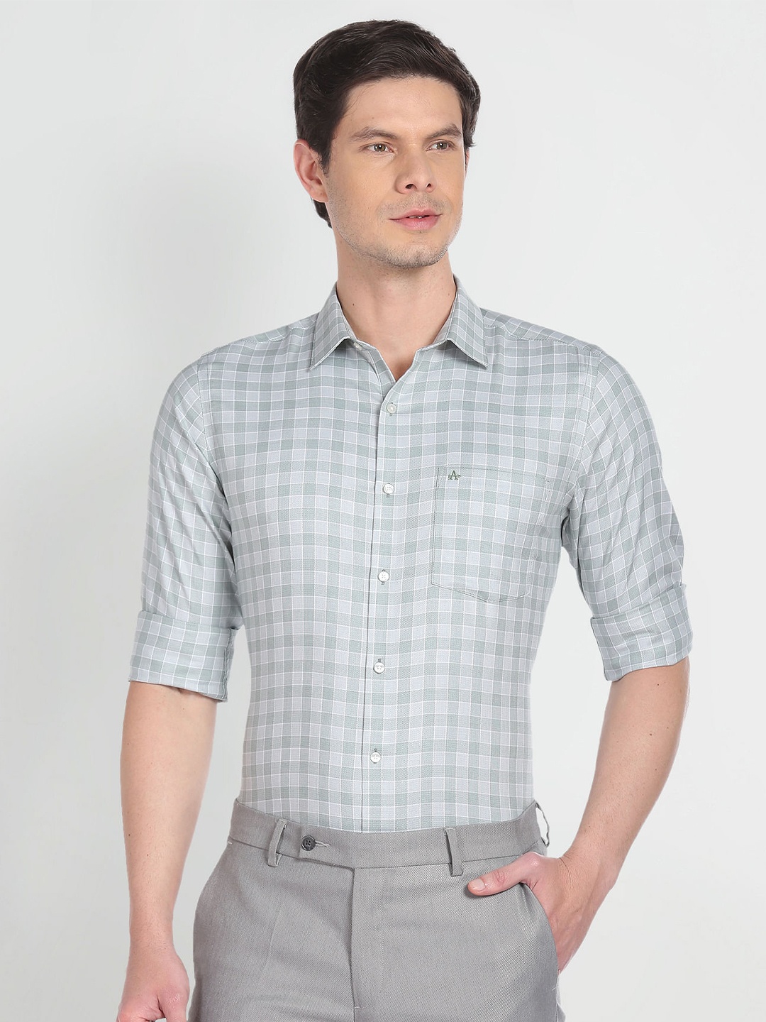 

Arrow Spread Collar Slim Fit Checked Formal Pure Cotton Shirt, Green