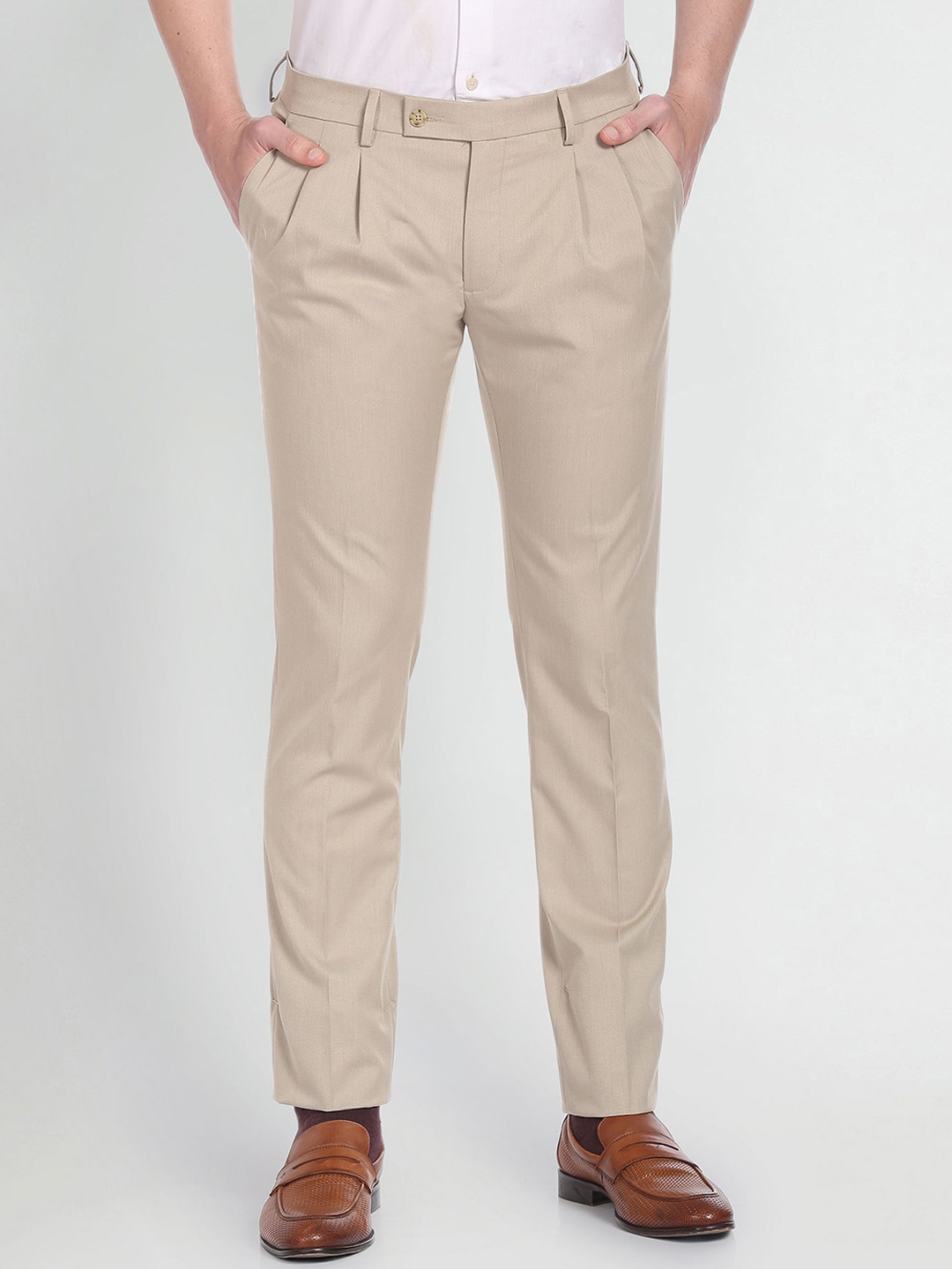 

Arrow Men Regular Fit Pleated Dobby Formal Trousers, Beige