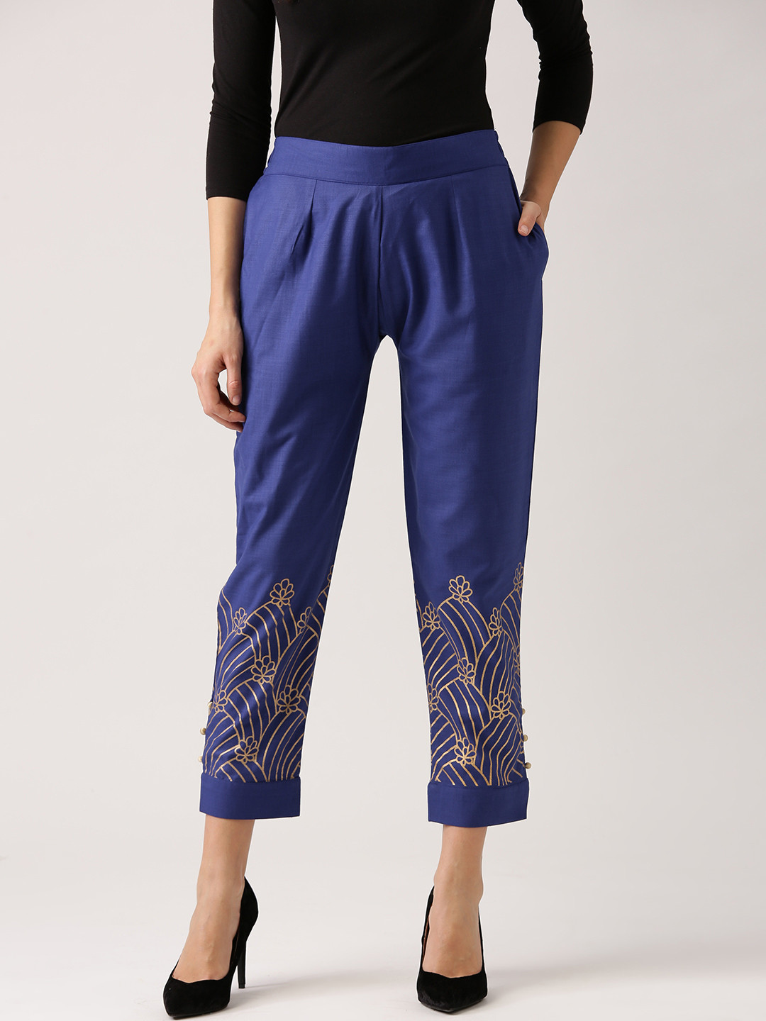 

Libas Women Blue Regular Fit Printed Detail Cropped Cigarette Trousers