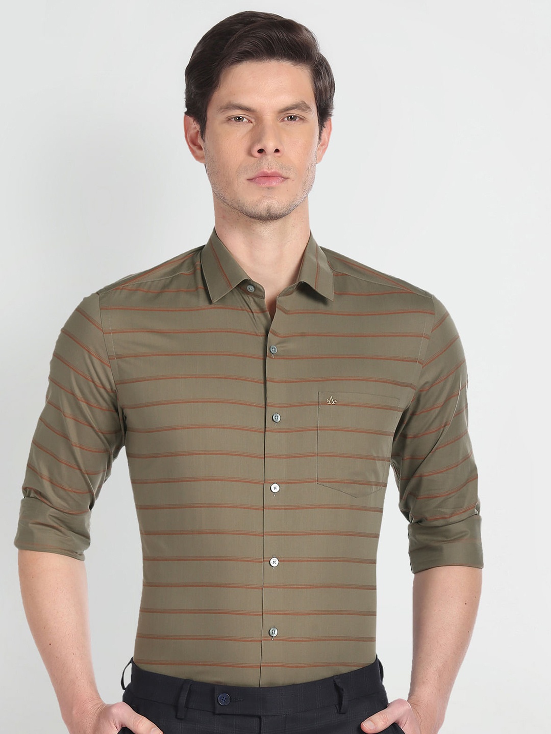 

Arrow Men Green Slim Fit Horizontal Stripes Opaque Striped Formal Shirt