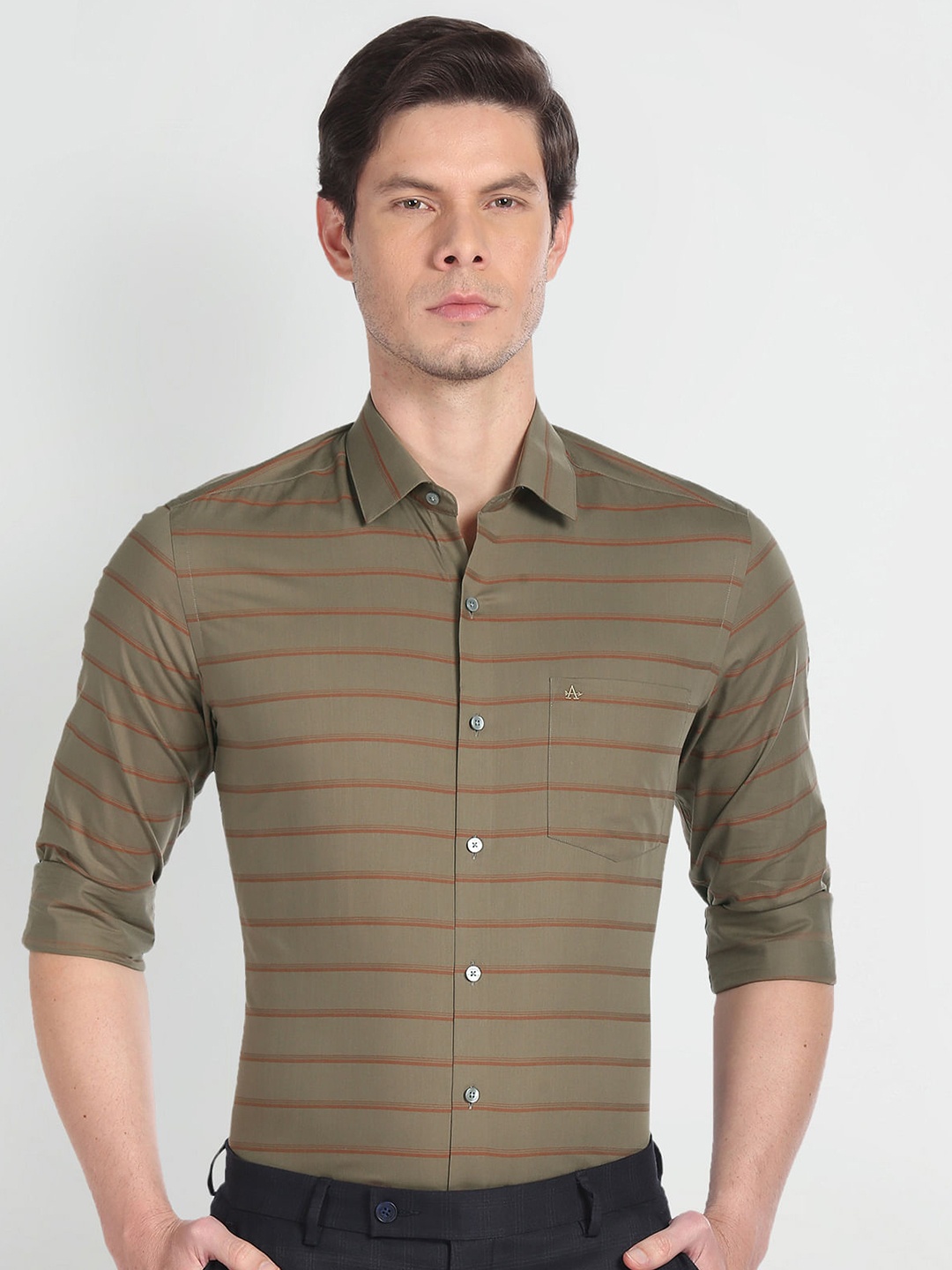 

Arrow Men Green Slim Fit Horizontal Stripes Opaque Striped Formal Shirt