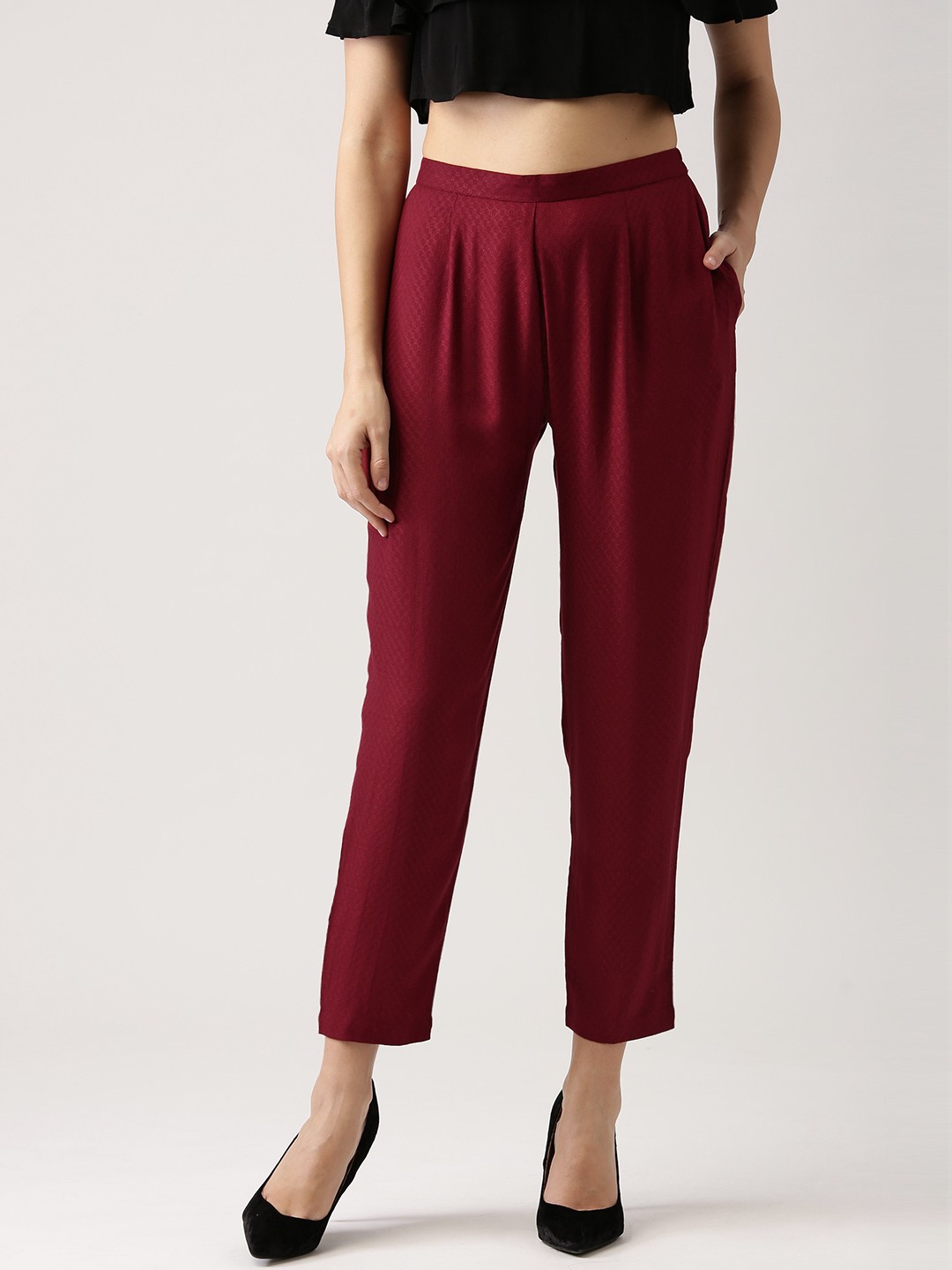 

Libas Women Maroon Self-Design Cropped Trousers