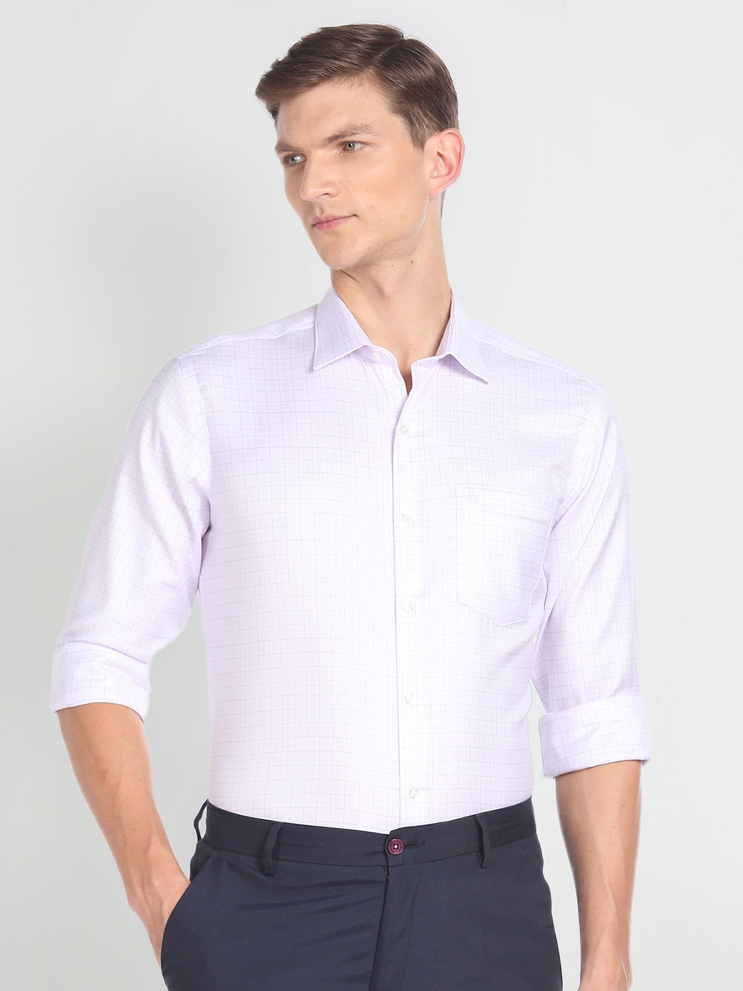 

Arrow Men Grid Tattersall Checks Spread Collar Pure Cotton Formal Shirt, Purple