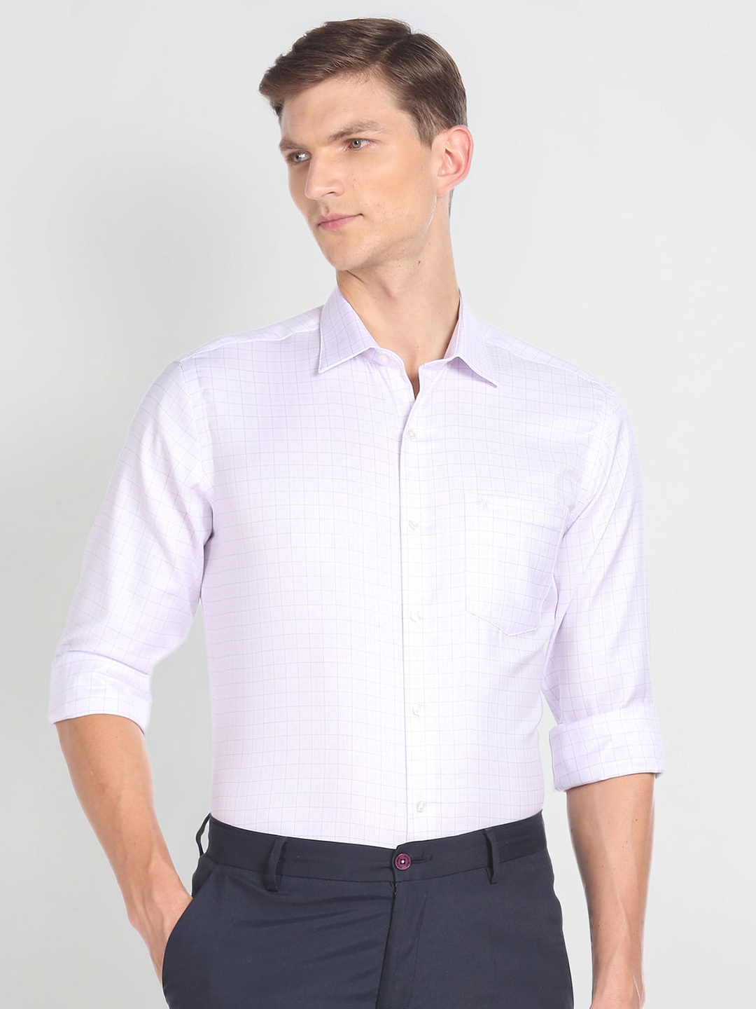 

Arrow Spread Collar Slim Fit Grid Tattersall Checked Twill Formal Pure Cotton Shirt, Purple