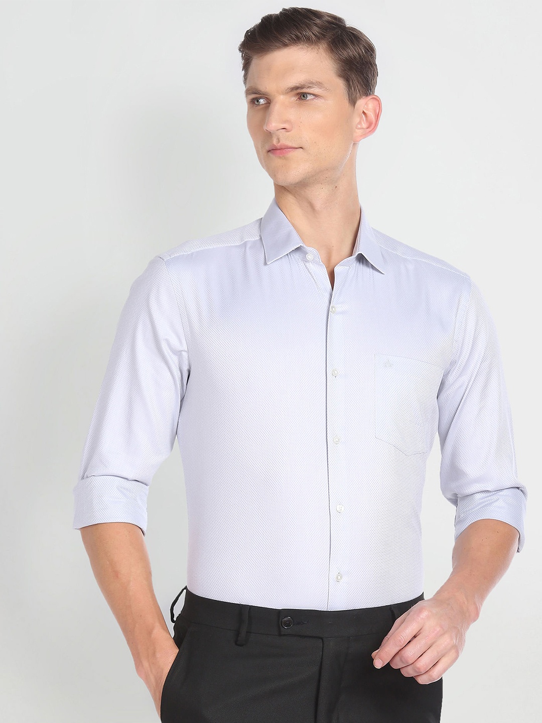 

Arrow Men Textured Spread Self Design Collar Pure Cotton Formal Shirt, Grey