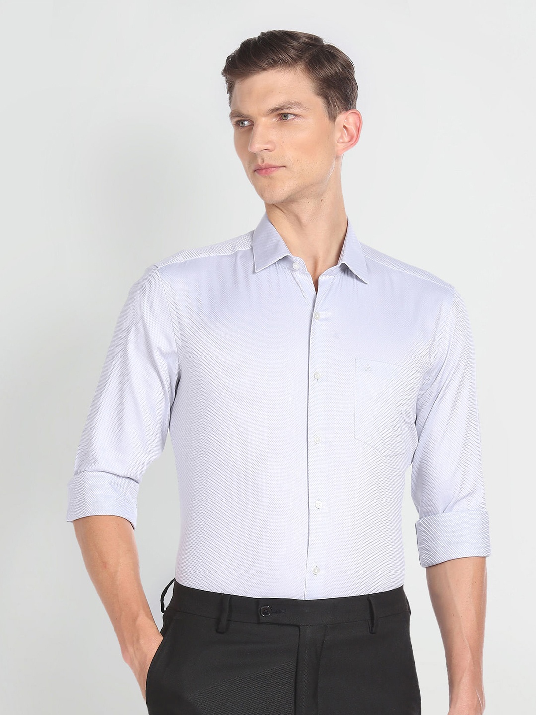 

Arrow Textured Spread Collar Slim Fit Pure Cotton Formal Shirt, Grey