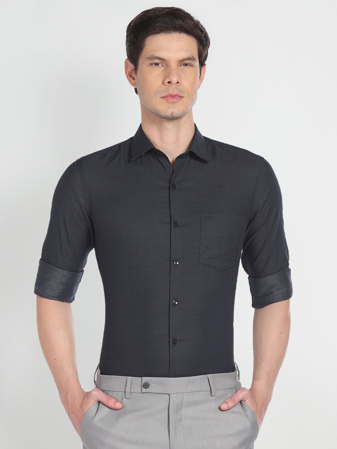 

Arrow Micro Ditsy Printed Slim Fit Classic Cotton Formal Shirt, Navy blue