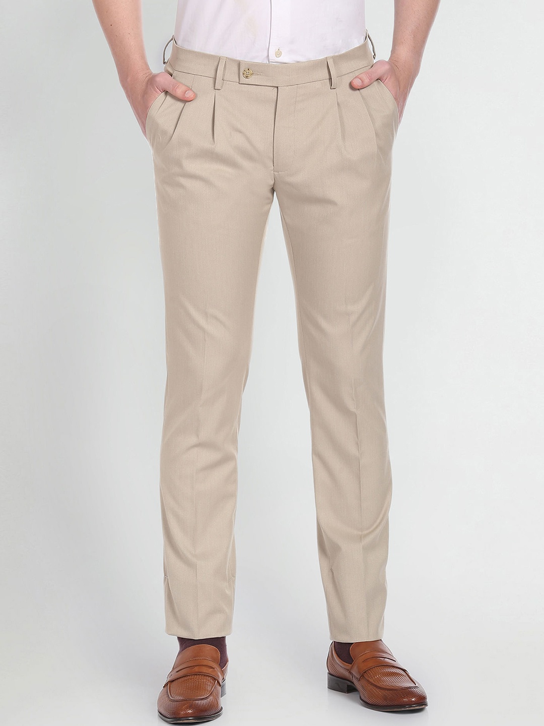 

Arrow Men Mid-Rise Regular Fit Pleated Formal Trousers, Beige