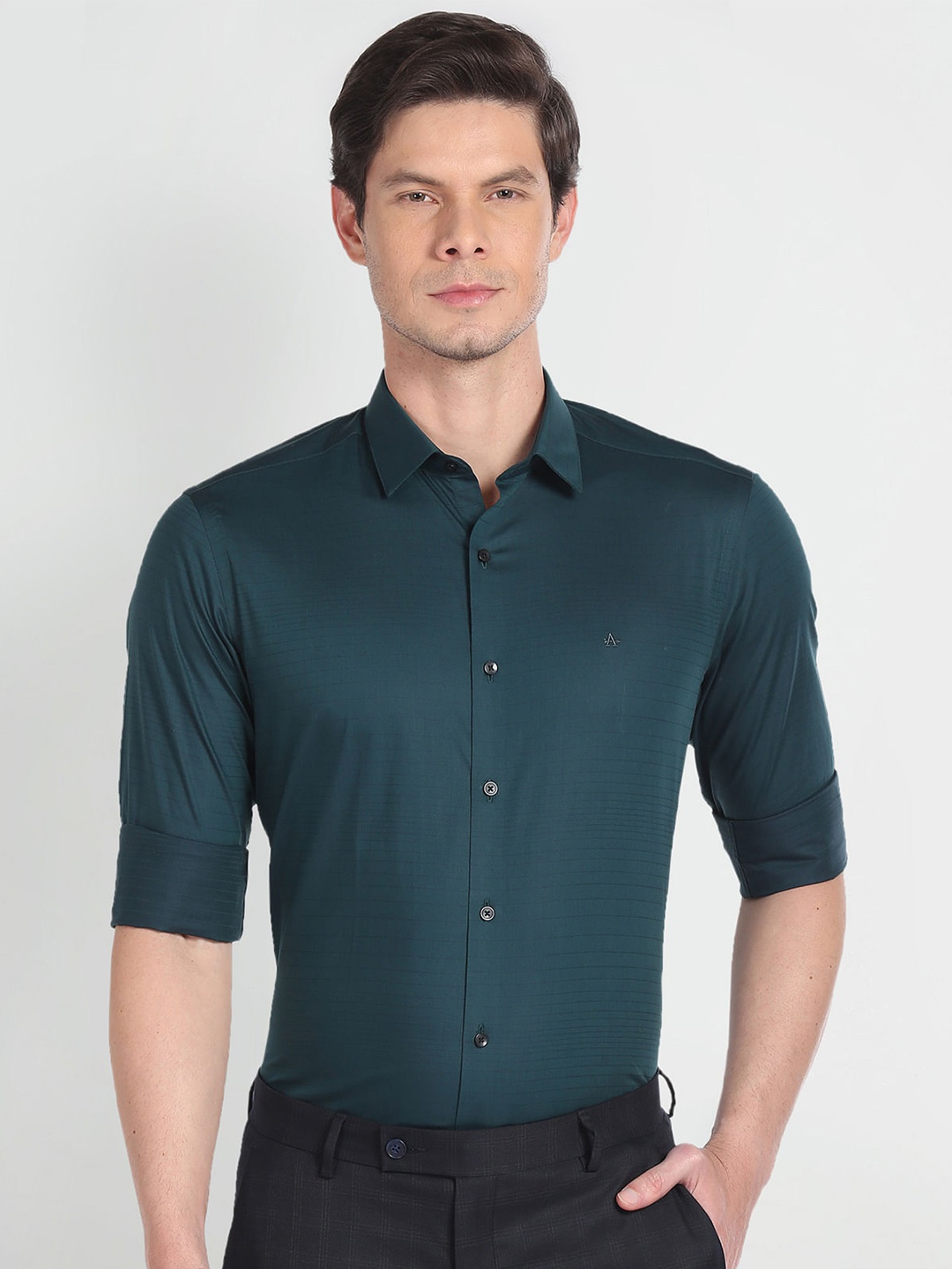 

Arrow Slim Fit Horizontal Striped Spread Collar Pure Cotton Formal Shirt, Green