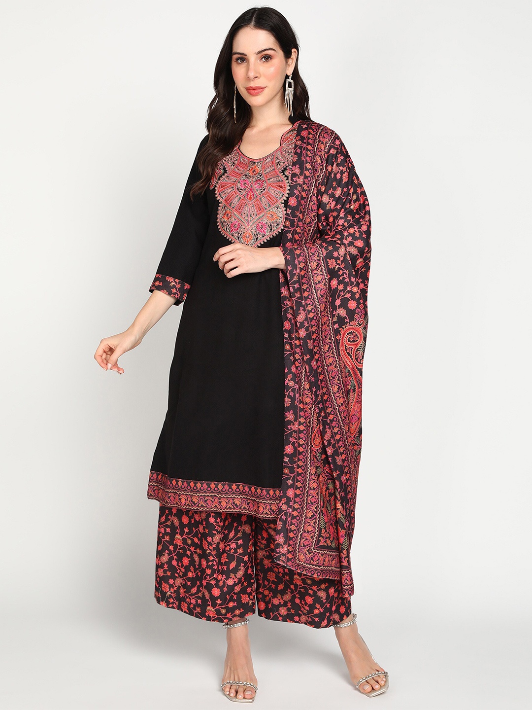 

Jayri Ethnic Motifs Embroidered Dress Material, Black