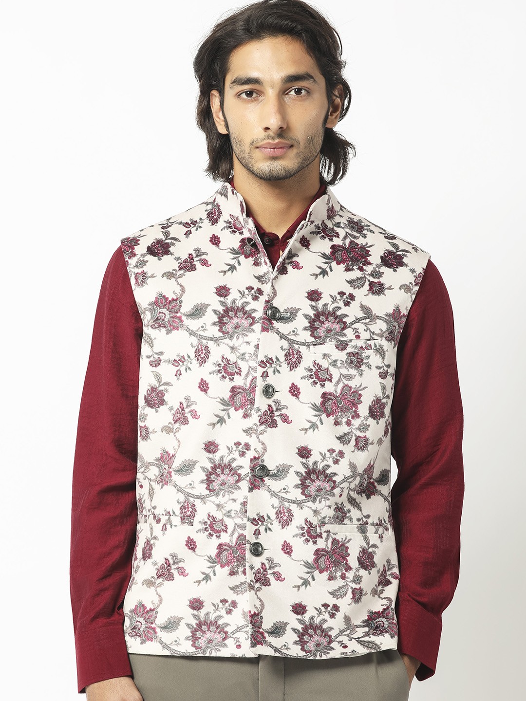 

RARE RABBIT Men Camero Slim Fit Floral Printed Nehru Jacket, White