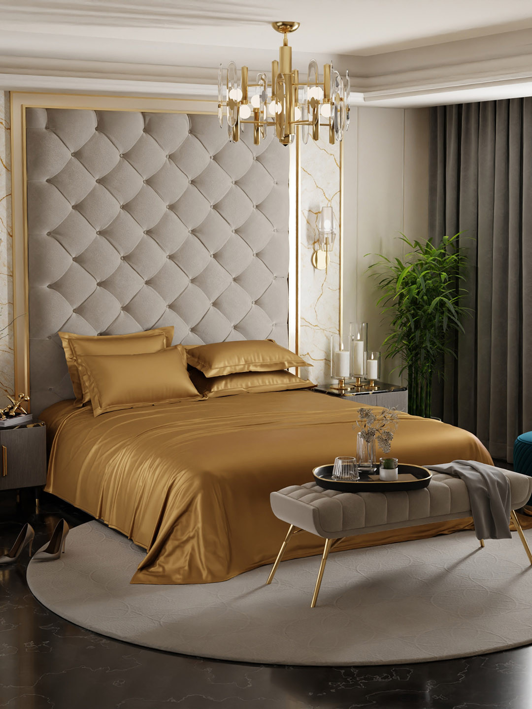 

Stoa Paris Date Night Golden 300 TC King Satin Bedsheet With 4 Pillow Covers, Gold