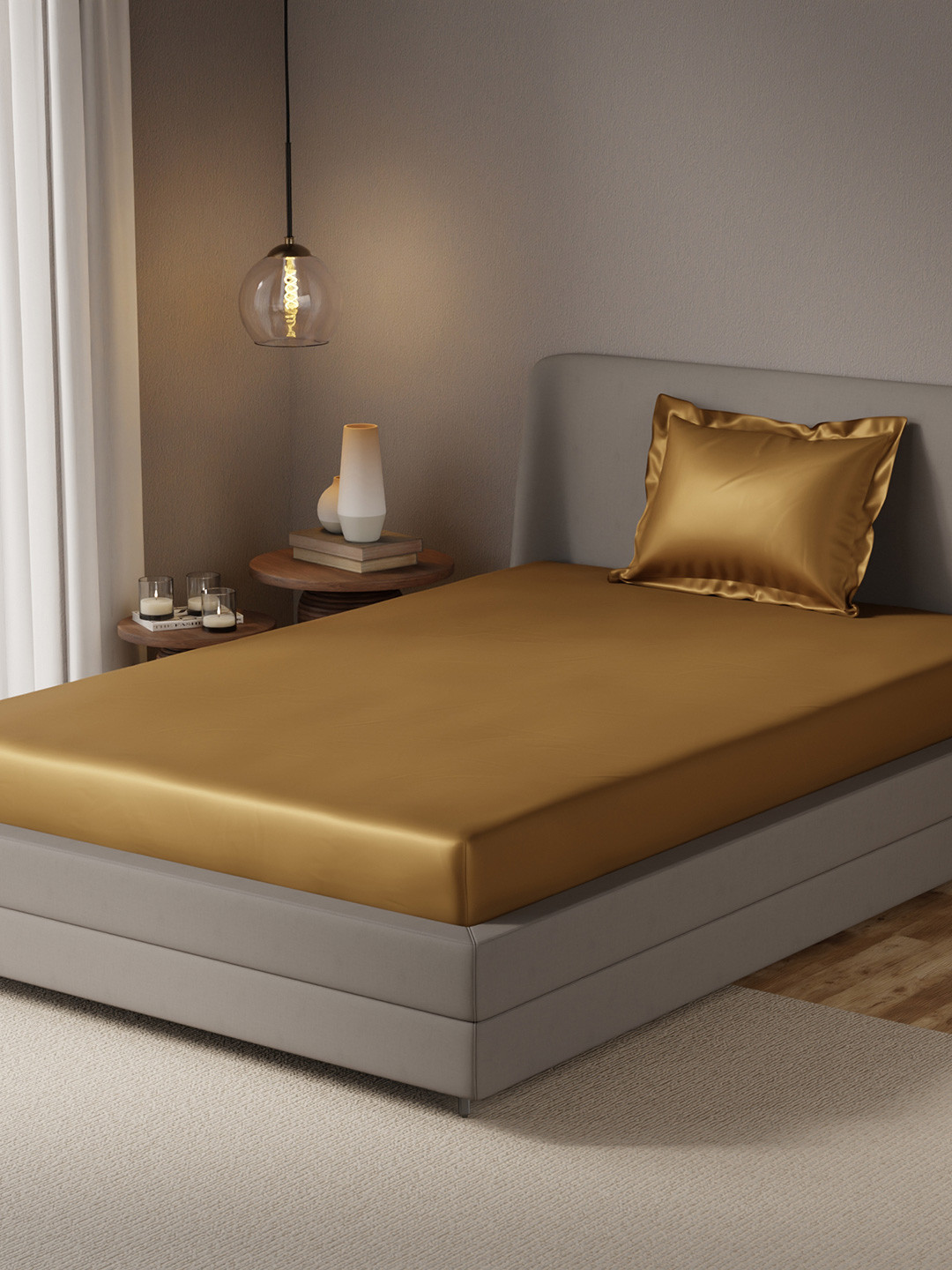 

Stoa Paris Date Night Gold 300 TC Fitted Single Satin Bedsheet With 2 Pillow Covers