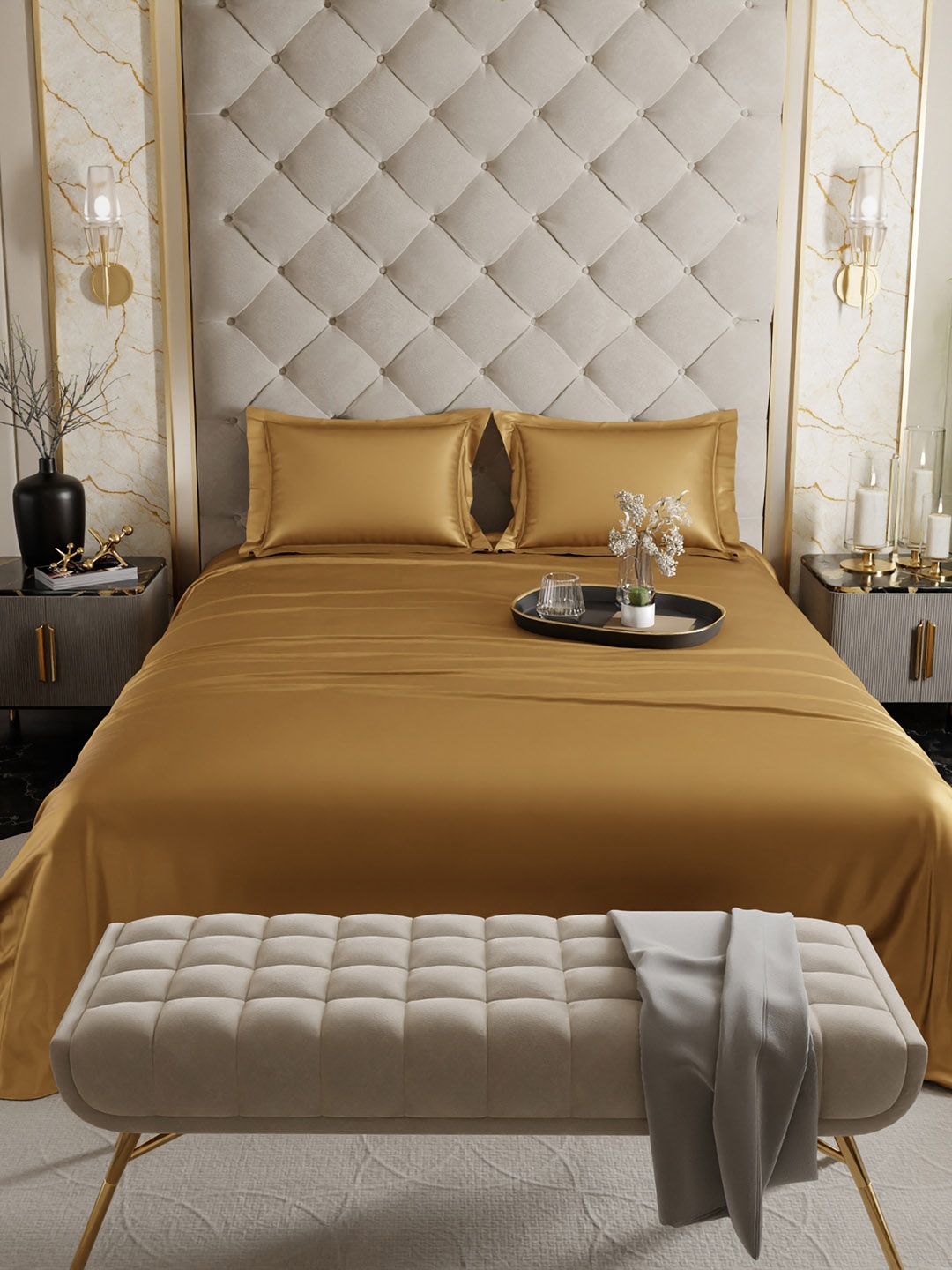 

Stoa Paris Eternal Glow Date Night Collection Double Bedsheet With 2 Pillow Covers, Gold