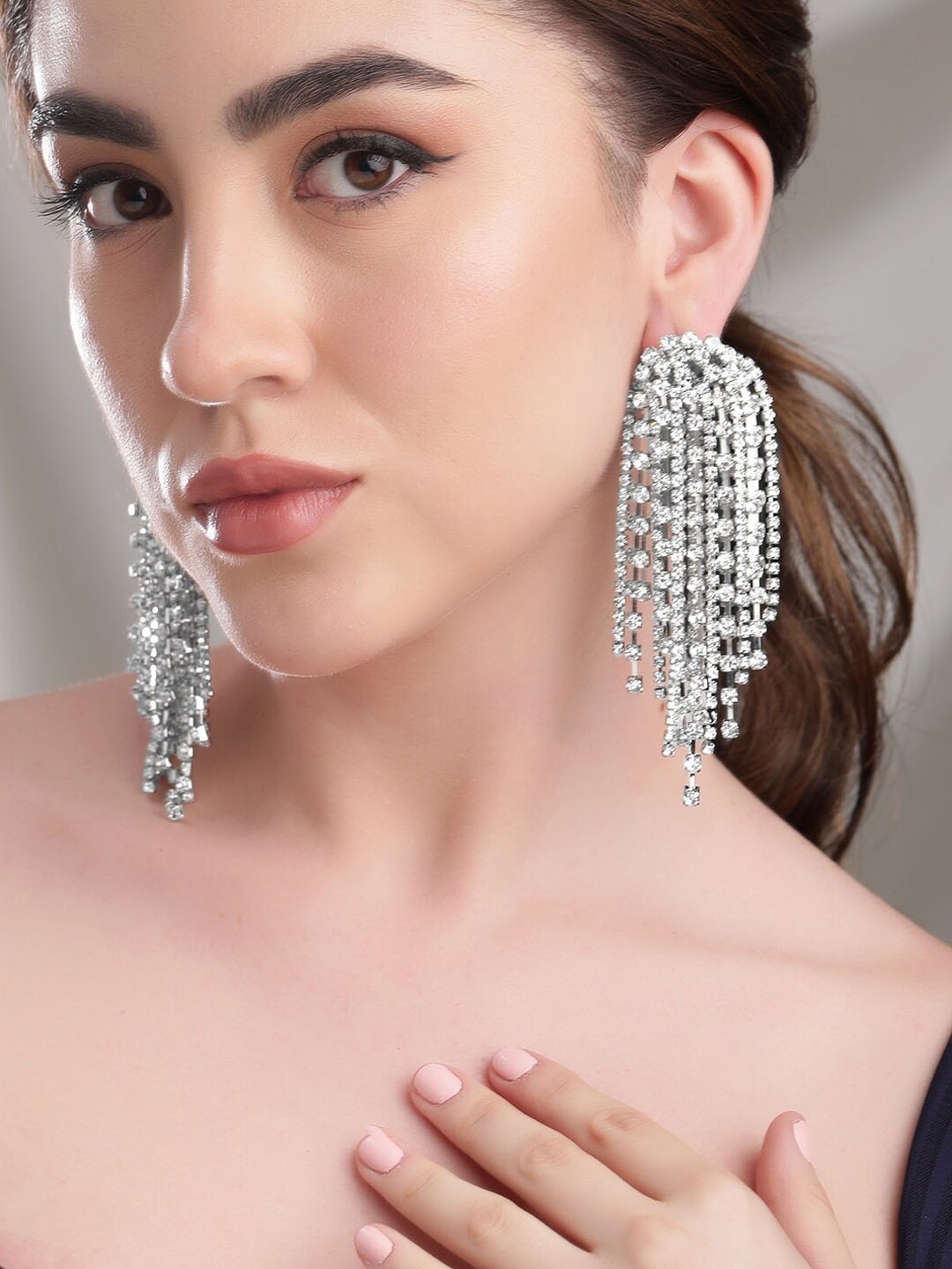 

Rubans Voguish Silver-Plated Zircon Studded Contemporary Drop Earrings
