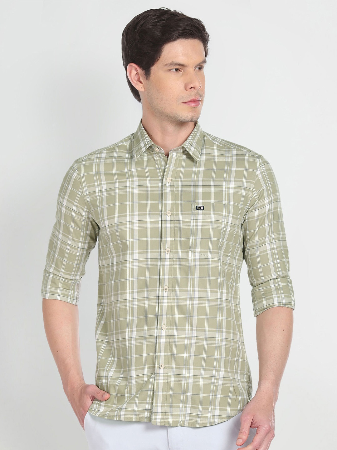 

Arrow Sport Slim Fit Tartan Checks Checked Twill Casual Shirt, Green