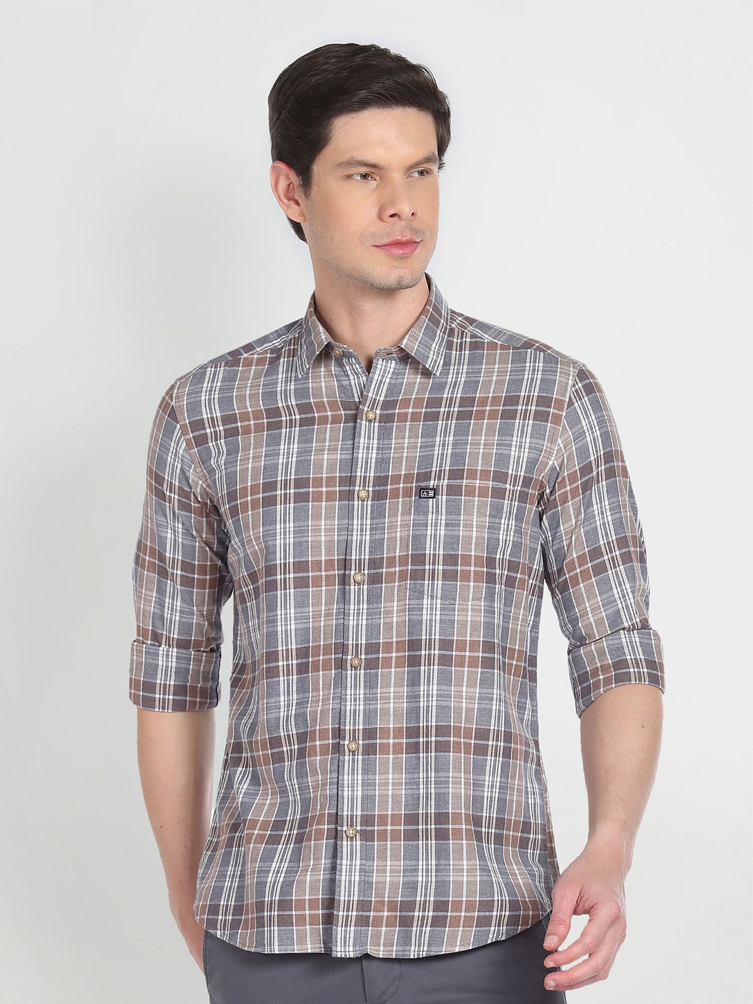 

Arrow Sport Slim Fit Checked Twill Casual Shirt, Brown