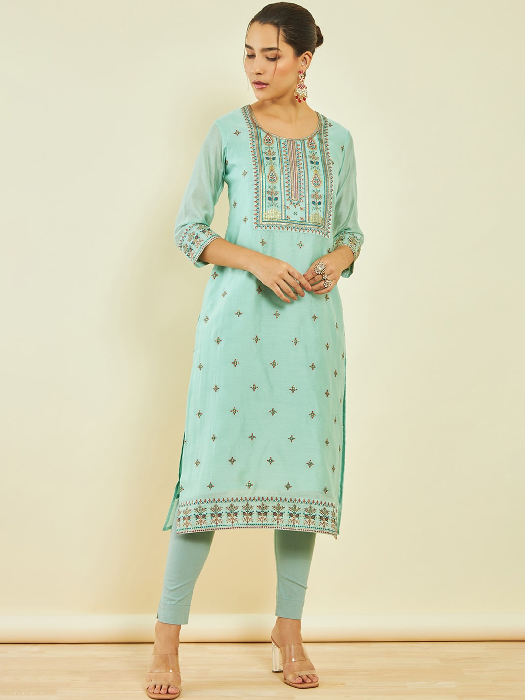 

Soch Ethnic Motifs Thread Work Chanderi Silk Kurta, Green
