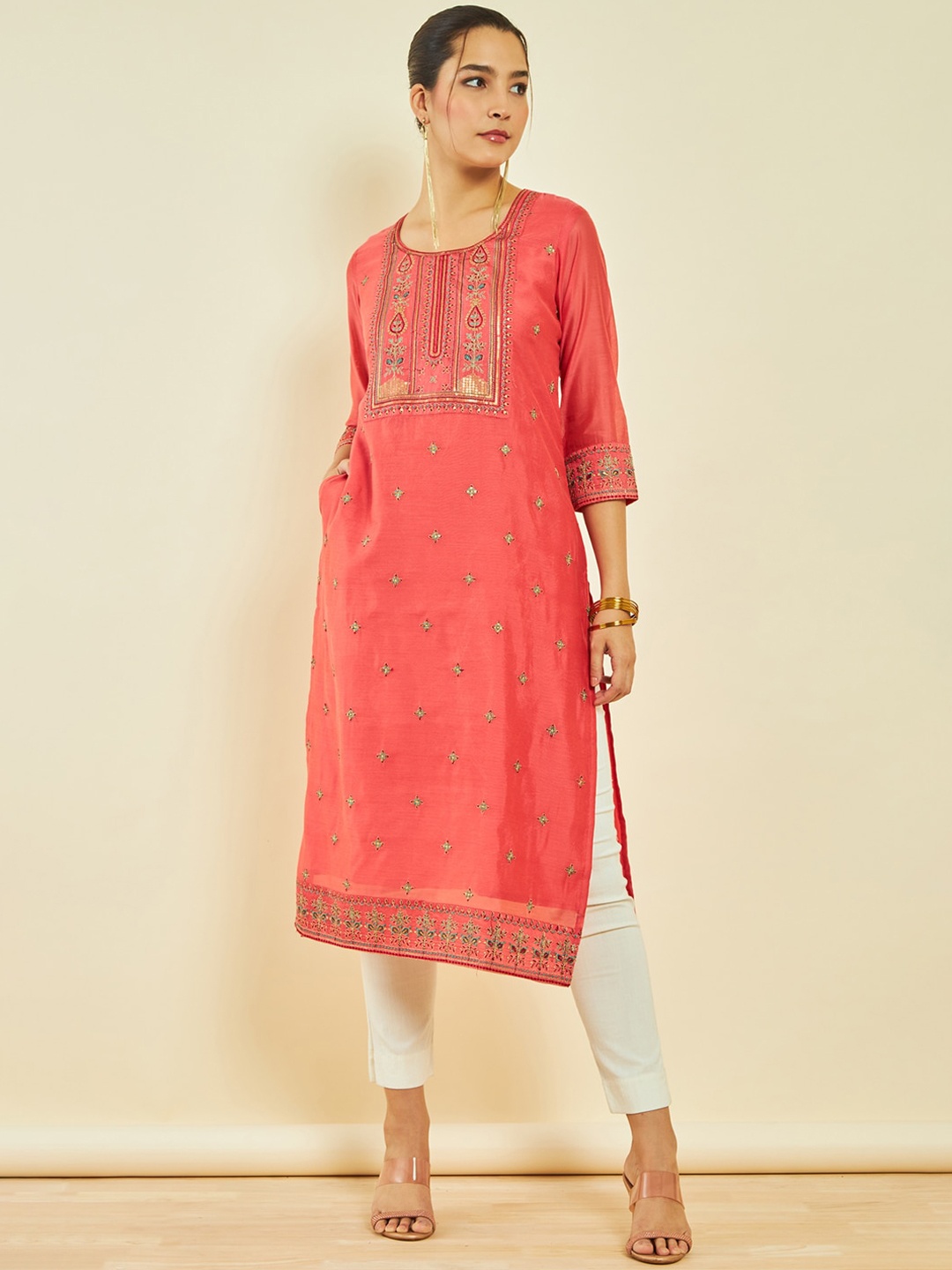 Soch Ethnic Motifs Embroidered Chanderi Silk Kurta, Coral