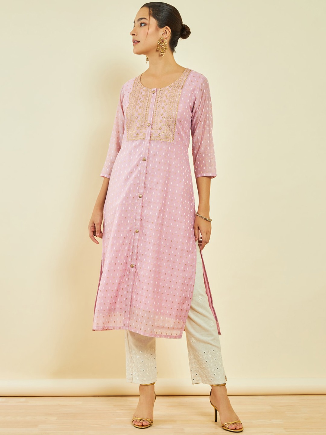 

Soch Ethnic Motifs Woven Design Thread Work Chanderi Silk Kurta, Pink