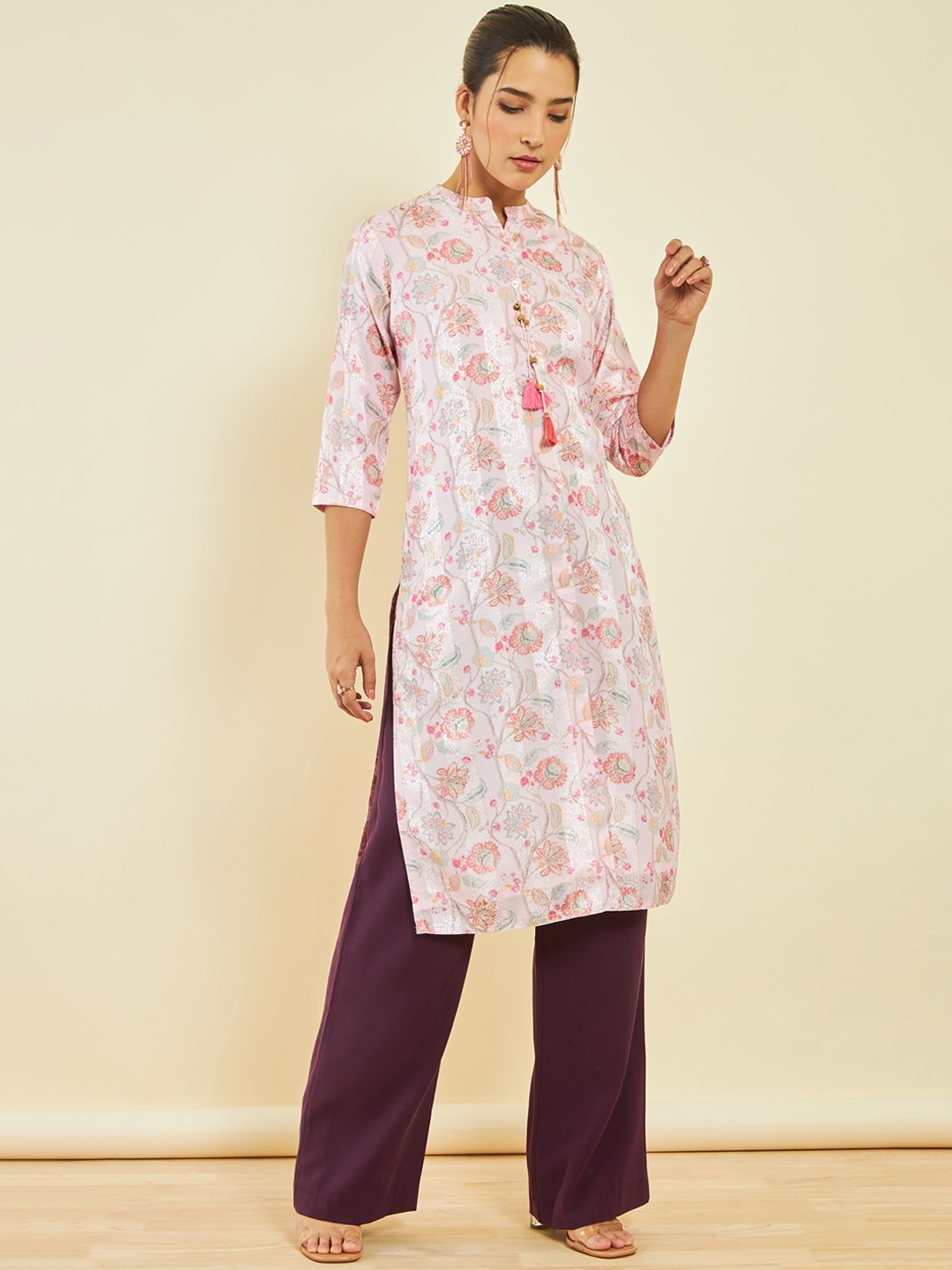 

Soch Floral Printed Mandarin Collar Modal Straight Kurta, Pink