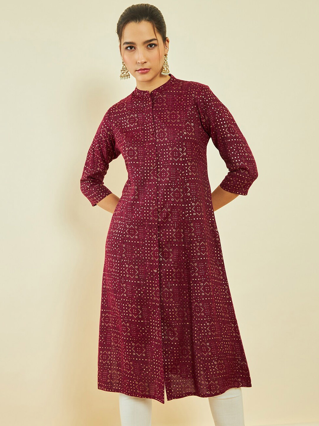 

Soch Ethnic Motifs Printed Mandarin Collar Kurta, Maroon