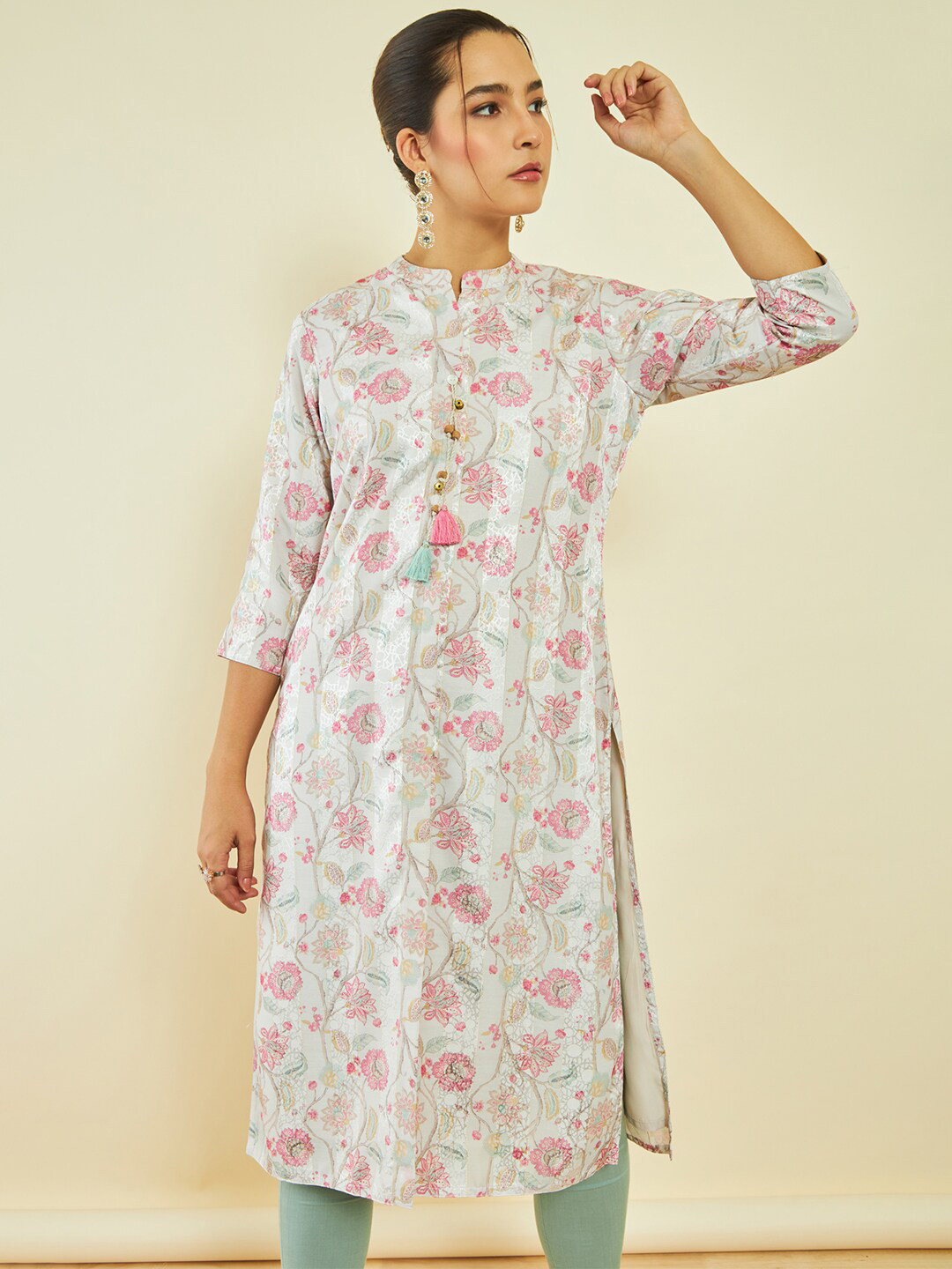 

Soch Floral Printed Mandarin Collar Modal Fusion Kurta, Beige