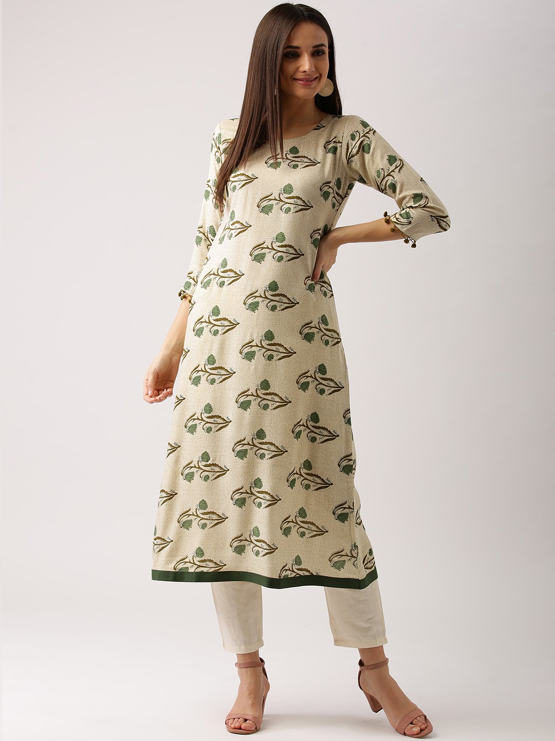 

Libas Women Beige & Green Floral Printed A-Line Kurta