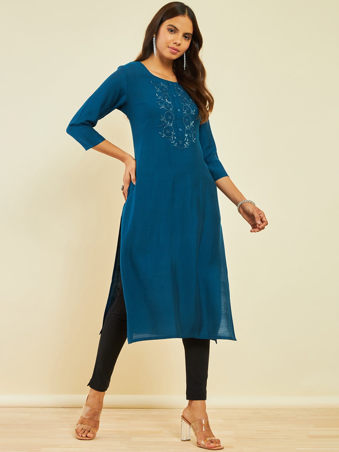 

Soch Embroidered Flared Sleeves Thread Work Kurta, Blue