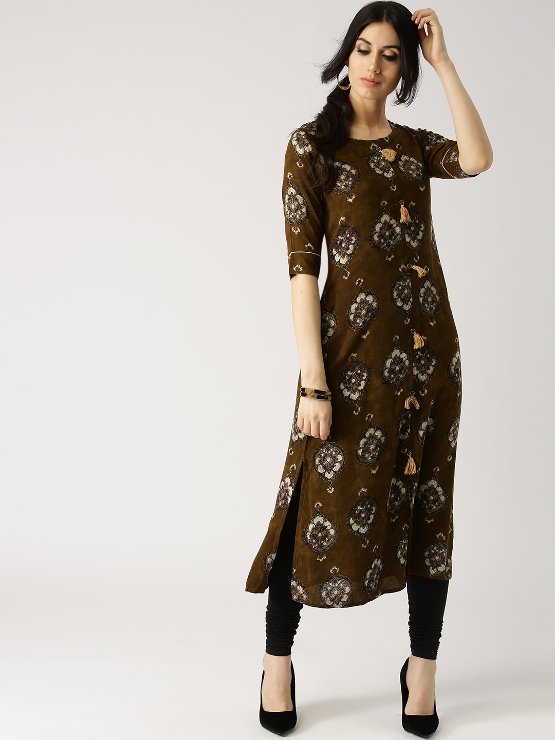 Libas Women Olive Brown Printed Straight Kurta