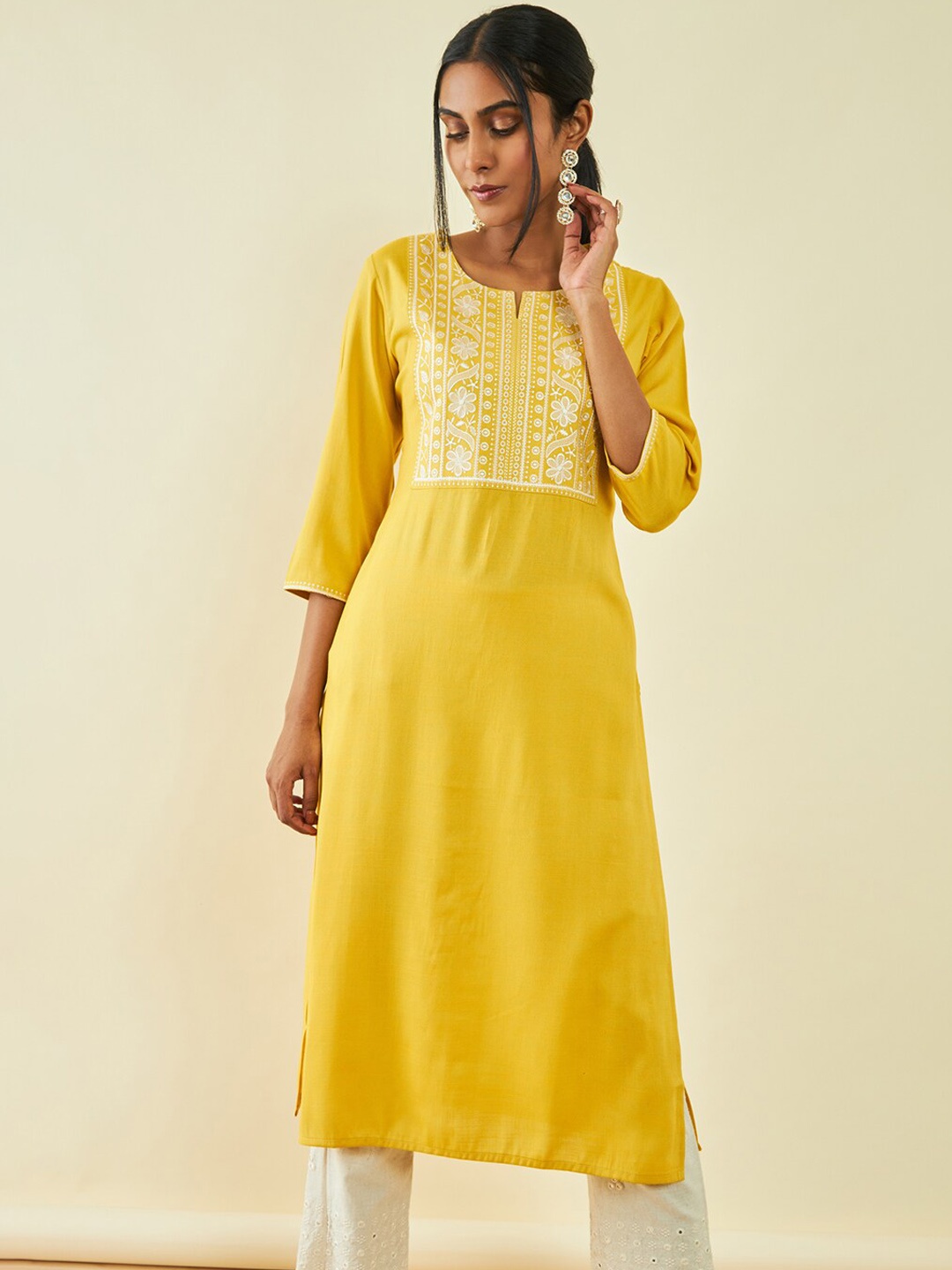 

Soch Yoke Design Thread Work Straight Kurta, Yellow